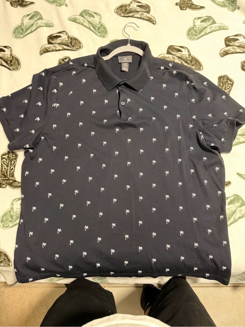 H&M Navy Polo with White Mini Palm Motif